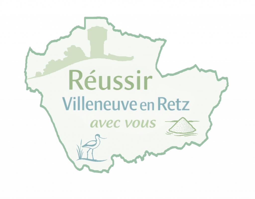 Logo de la liste "Réussir Villeneuve-en-Retz avec vous" conduite par Yves Blanchard représentant les pourtours de la commune avec des éléments graphiques rappelant les 3 bourgs : château d'eau pour Saint-Cyr, tas de sel pour Bourgneuf, et une avocette élégante pour Fresnay